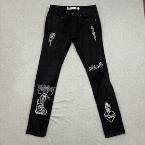 Broken Promises Jeans Mens 32x31 Black White Ultra Slim Stretch Snake Rose Heart